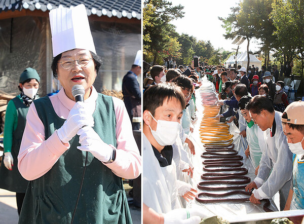 왼)쌀문화축제 가마솥밥에서 인사하는 김경희시장  오)무지개가래떡 프로그램 진행 장면